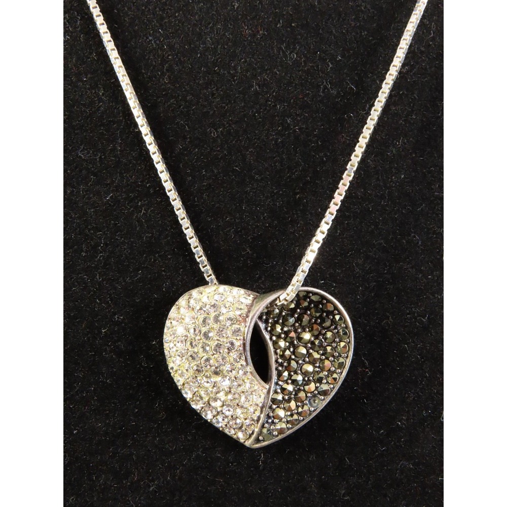 STERLING SILVER 29" Chain Necklace PAVE' HEART PENDANT Marcasite & Clear CZ's